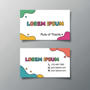 a colorful business card with bubble font and paint-splash borders