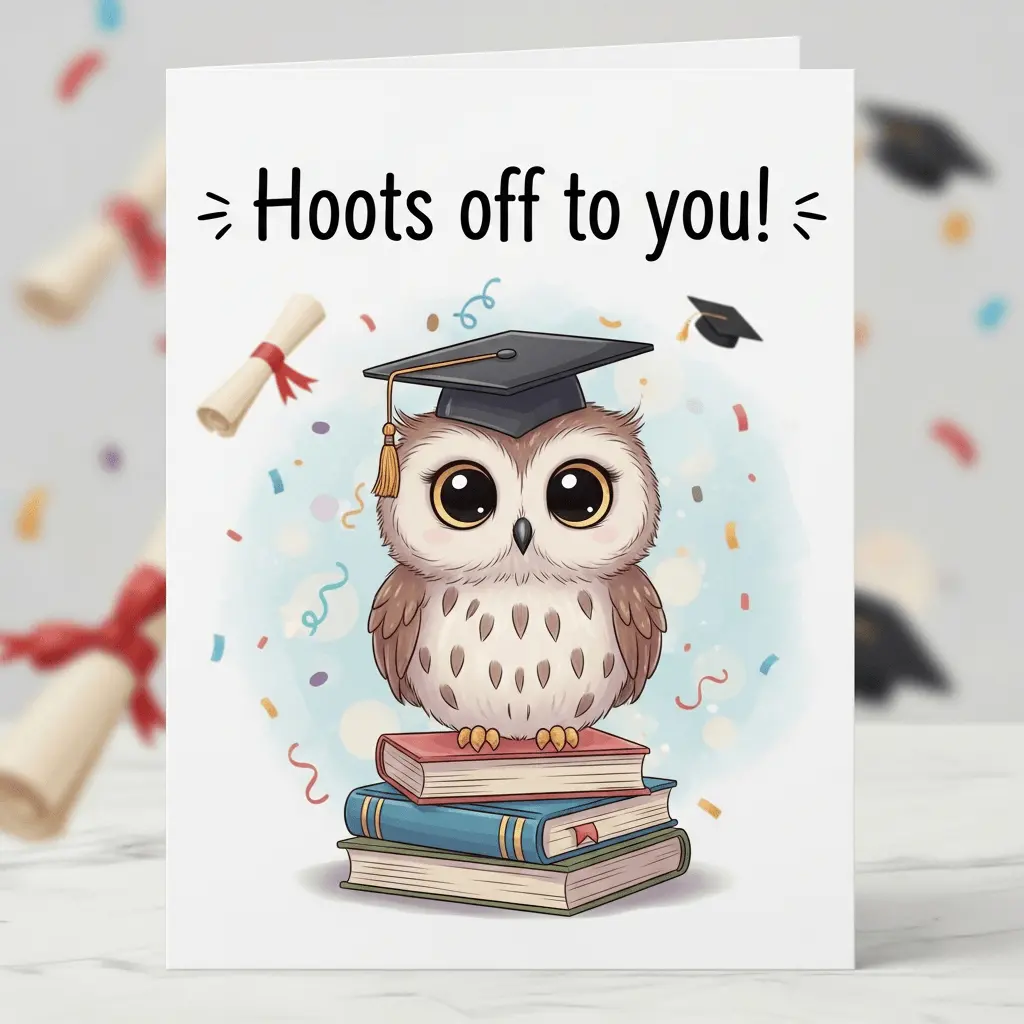 a graduation card with an own in a graduation cap standing on some books with the text: hoots off to you!