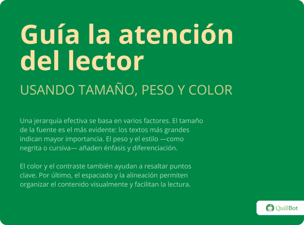 Ejemplo de jerarquía visual en tipografía usando tamaño, peso y color.