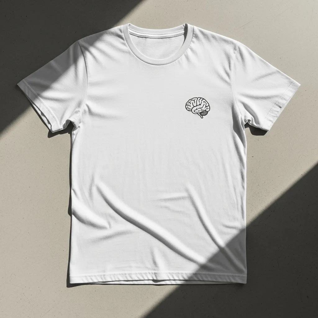 A white t-shirt with a black brain logo