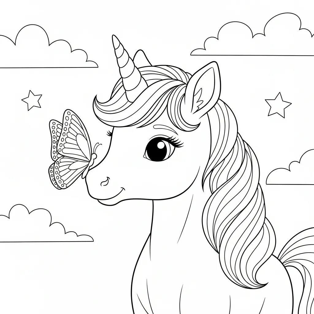 baby unicorn coloring page with a butterfly on its nose