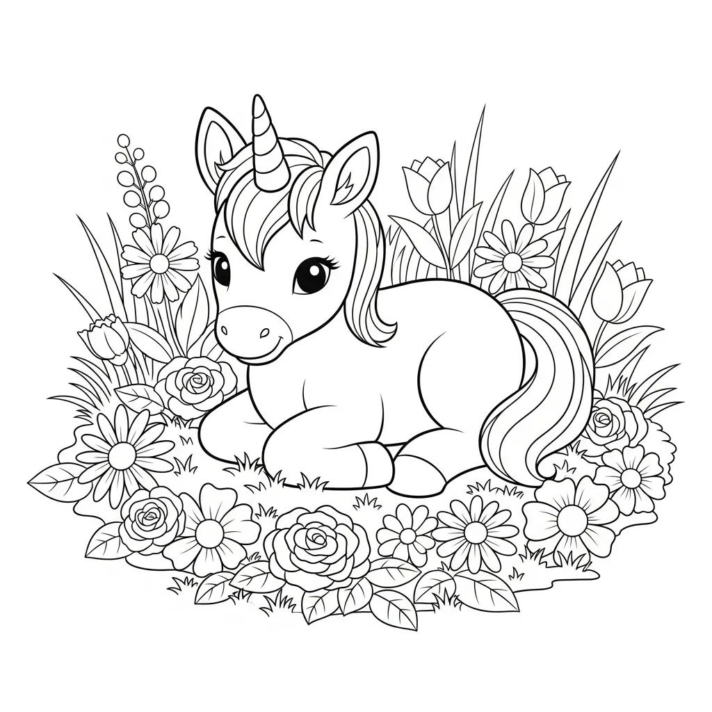 baby unicorn coloring page with a baby unicorn laying among flowers