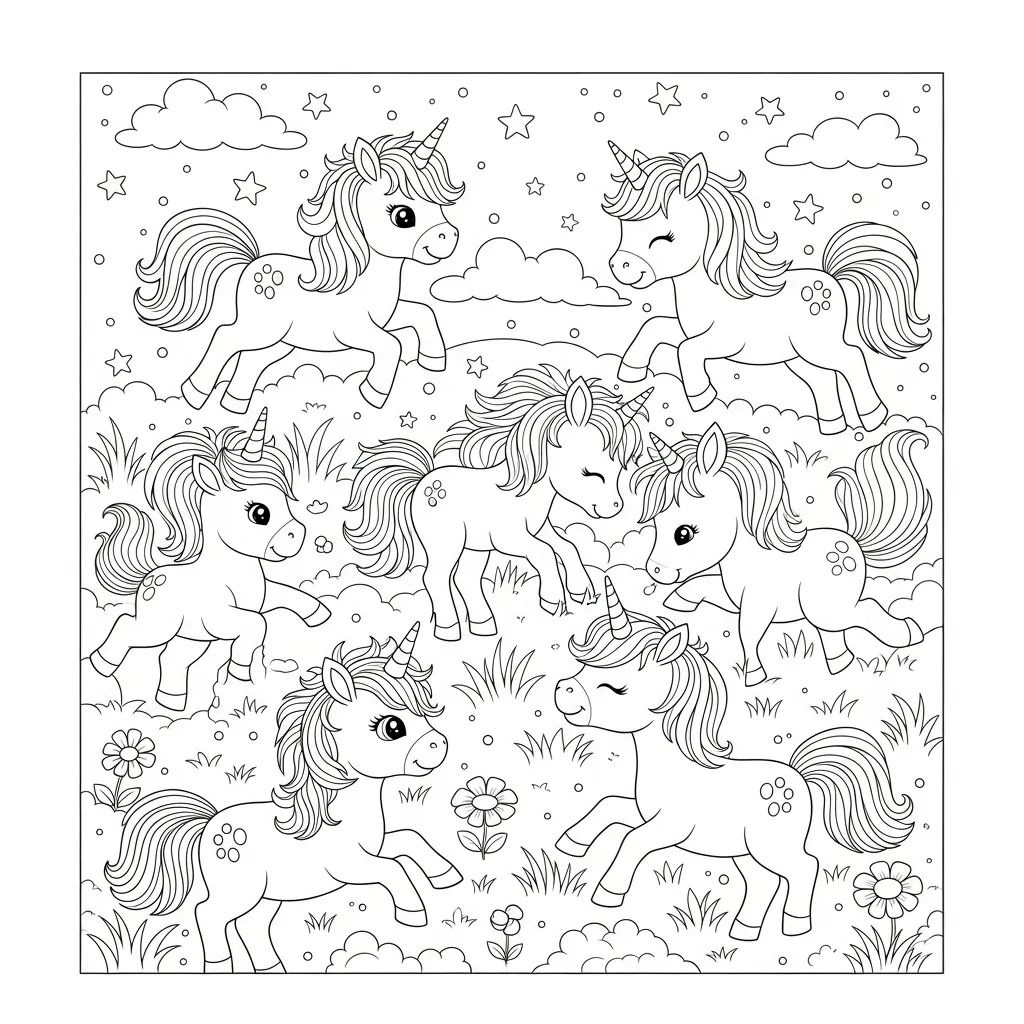 baby unicorn coloring page with several baby unciorns in a field