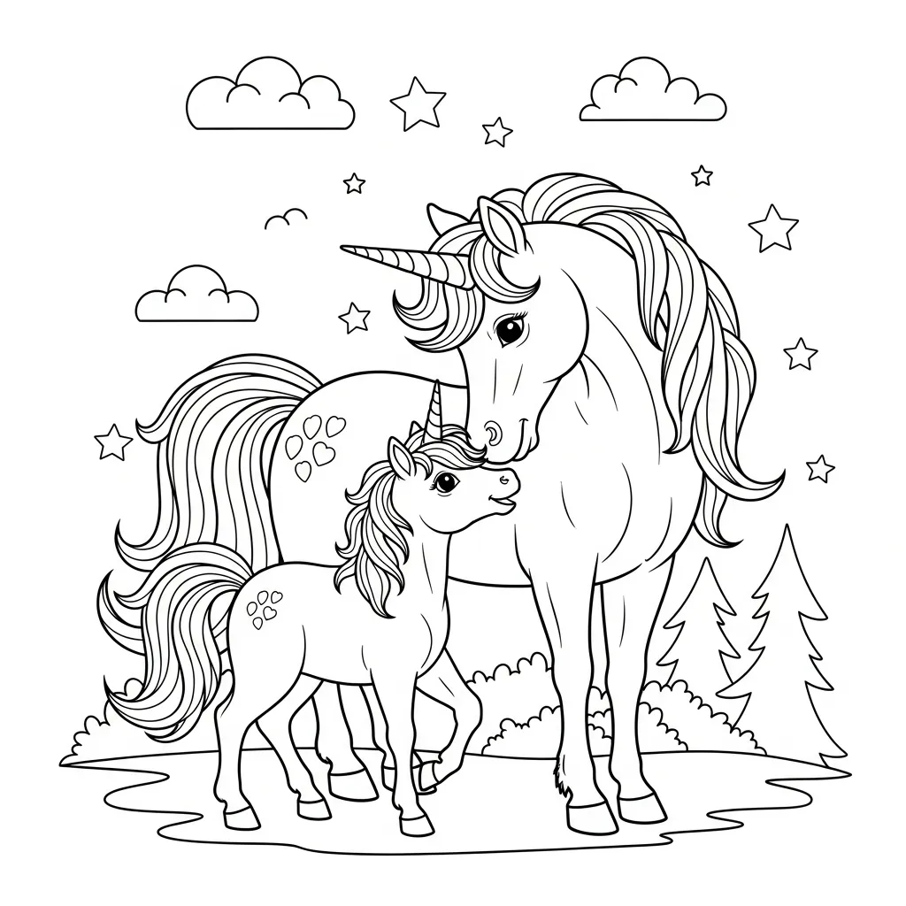 baby unicorn coloring page with a mom and baby unicorn