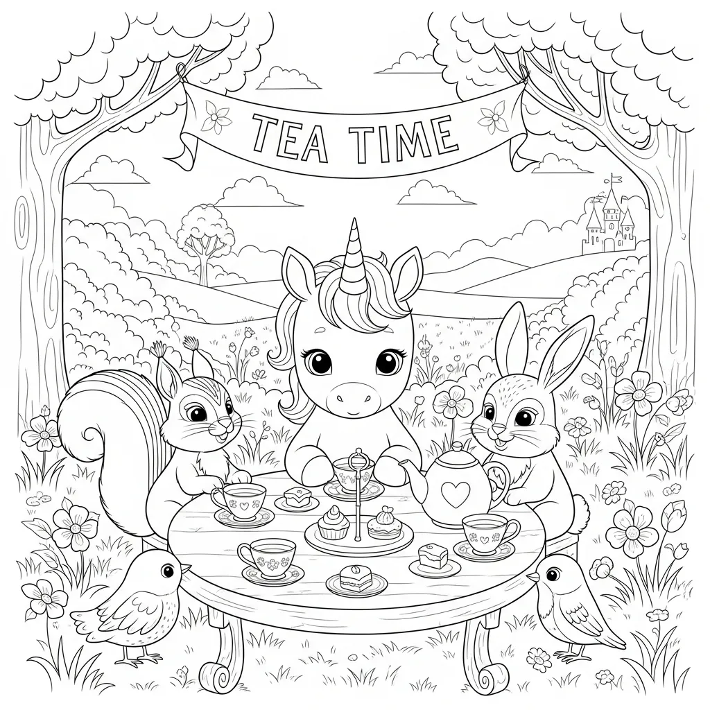 baby unicorn coloring page of a baby unicorn having a tea party with other woodland creatures