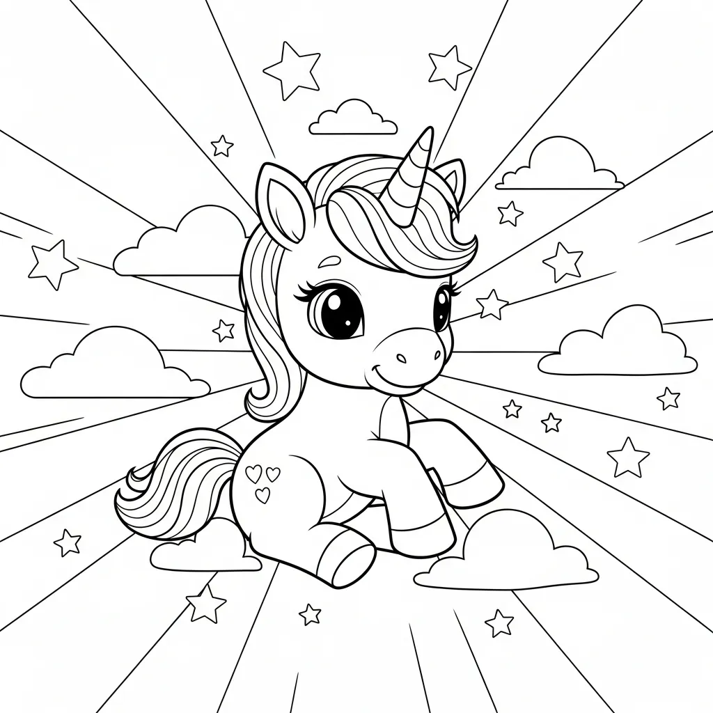 baby unicorn coloring page of a baby unicorn sitting among clouds and stars