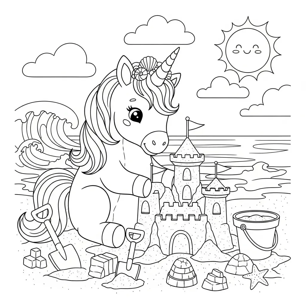 coloring page of a unicorn building a sand castle