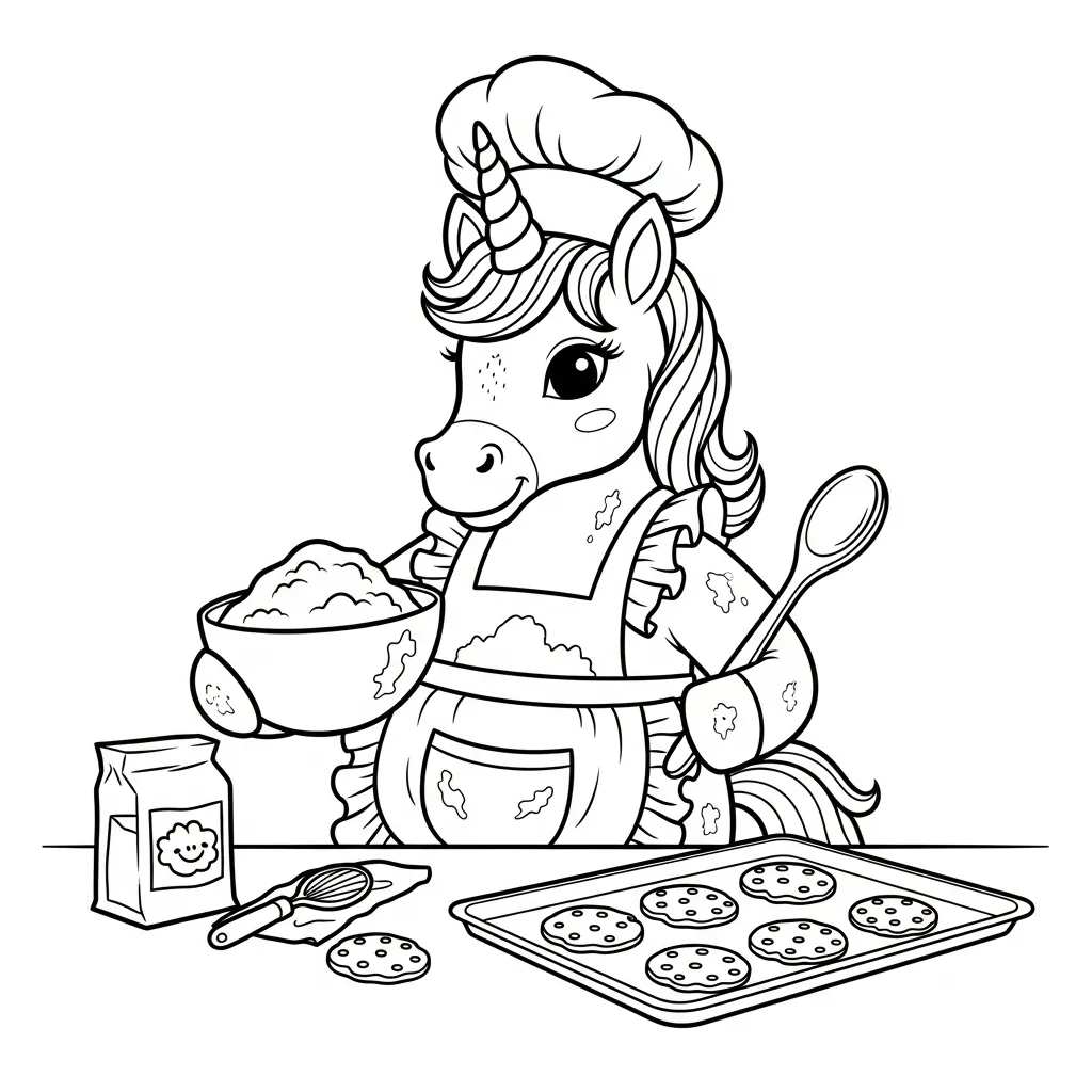 coloring page of a unicorn baking cookies