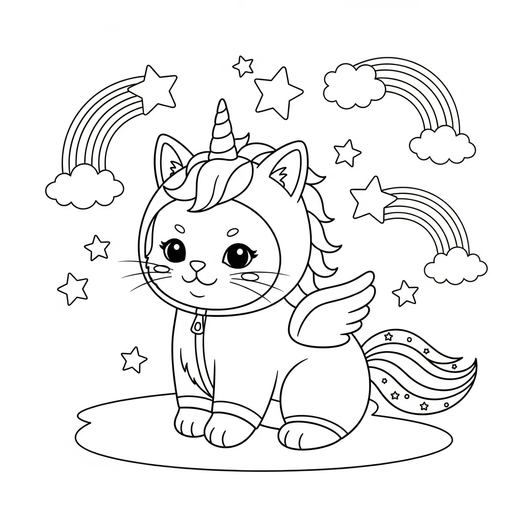 coloring page of a kitten dressed as a unicorn