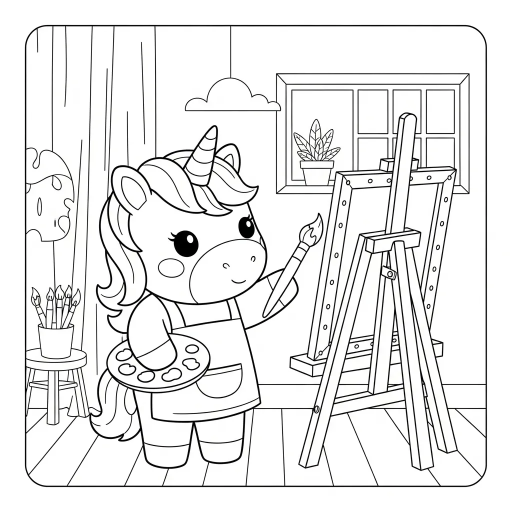 coloring page of a unicorn painting at an easel