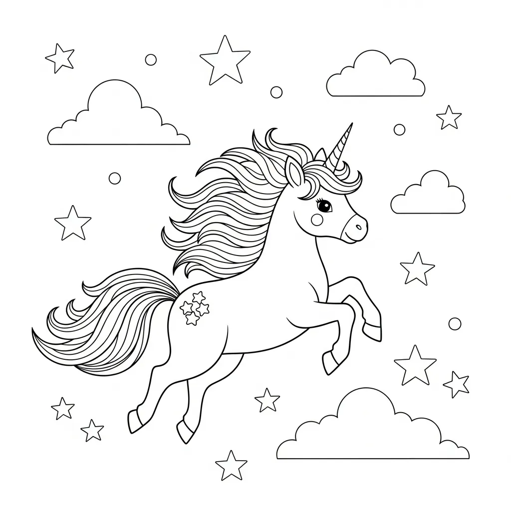 coloring page of a unicorn flying in the sky