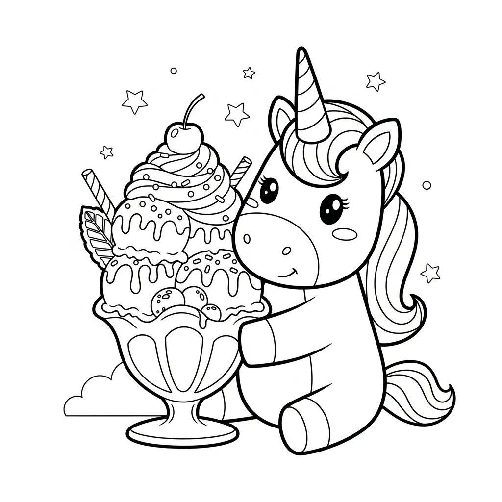 coloring page of a unicorn eating a sundae