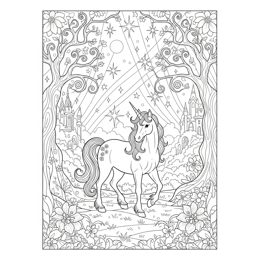 a coloring page of a unicorn against a sparkly backdrop