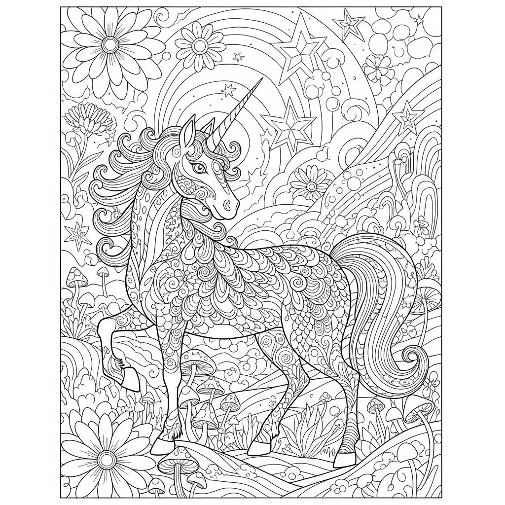 a coloring page of a unicorn with intricate patterns