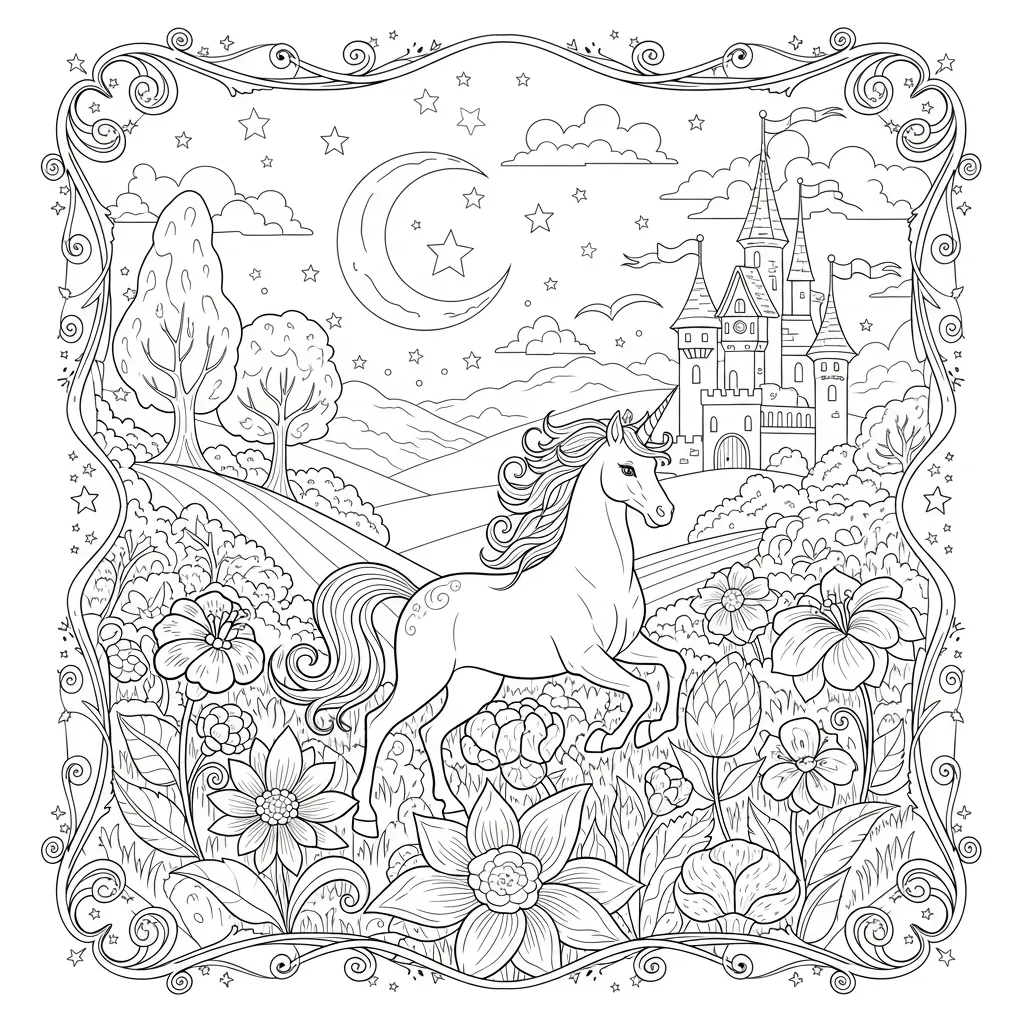 a coloring page of a unicorn with a castle in the background