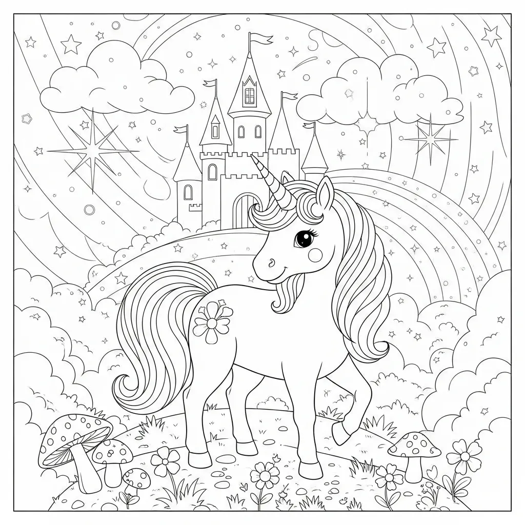 a coloring page of a unicorn cartoon with sparkles and a castle in the background