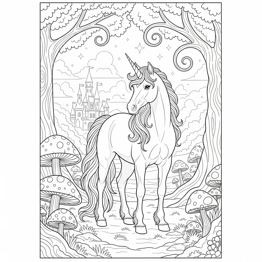a coloring page of a unicorn with mushrooms and a castle in the background