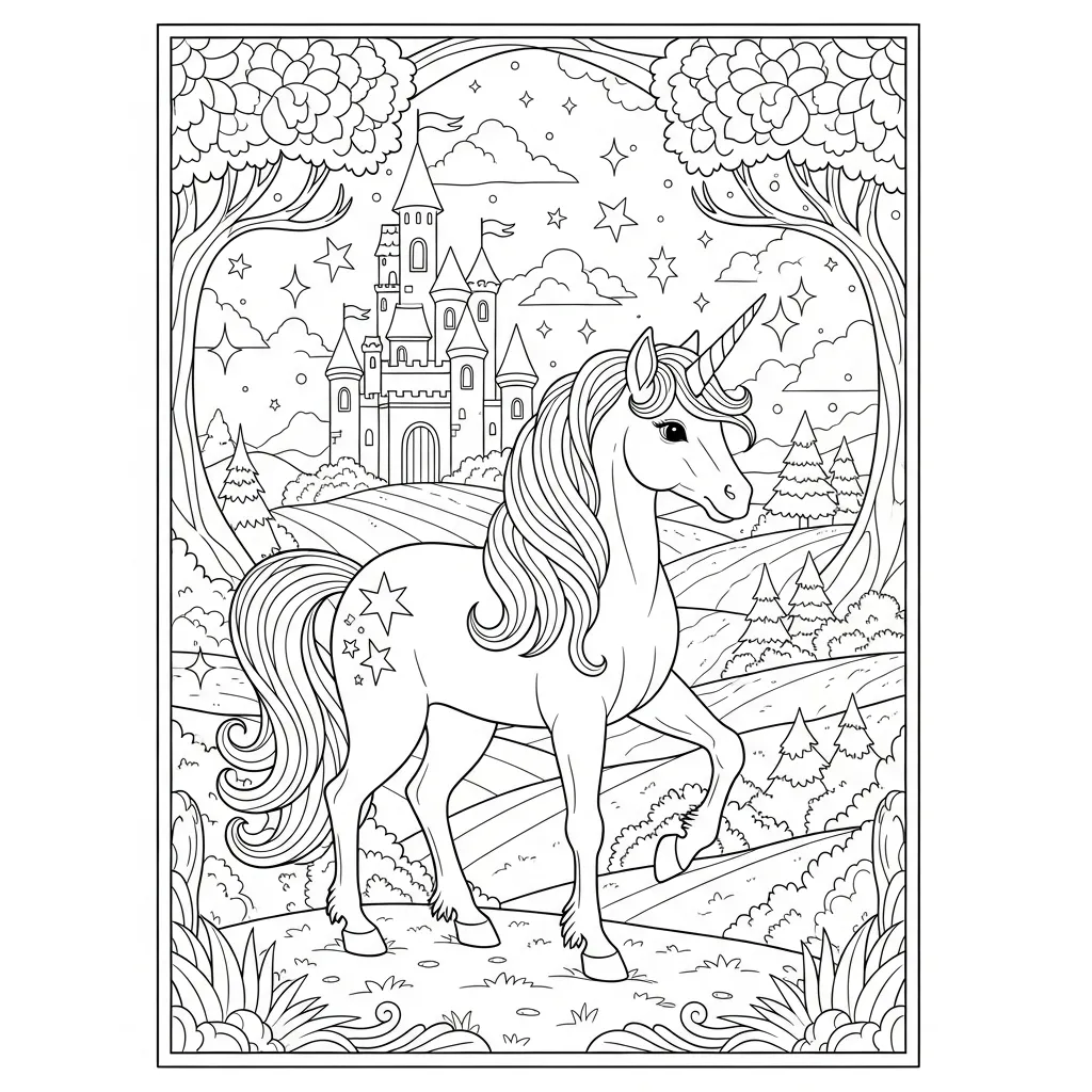 a coloring page of a unicorn with a castle and forest in the background