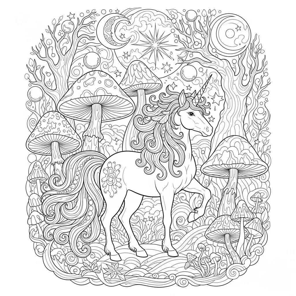 a coloring page of a unicorn with large mushrooms and swirling celestial bodies in the background
