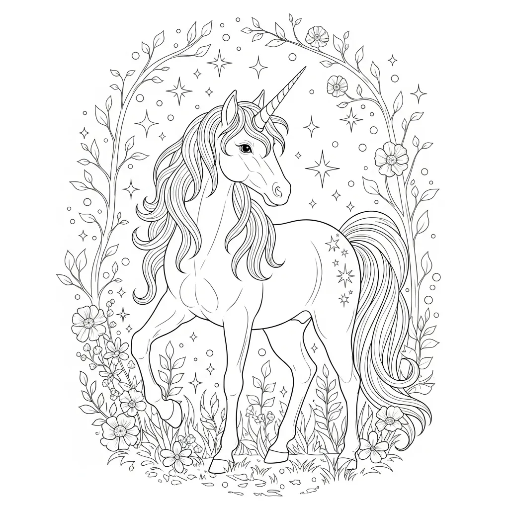 a coloring page of a unicorn with a simply sparkly background
