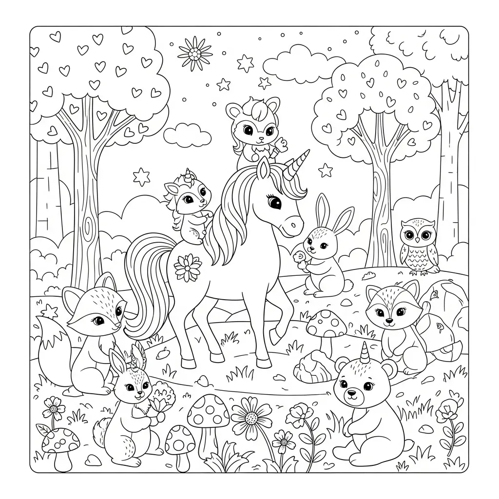 a coloring page with unicorn and woodland creatures