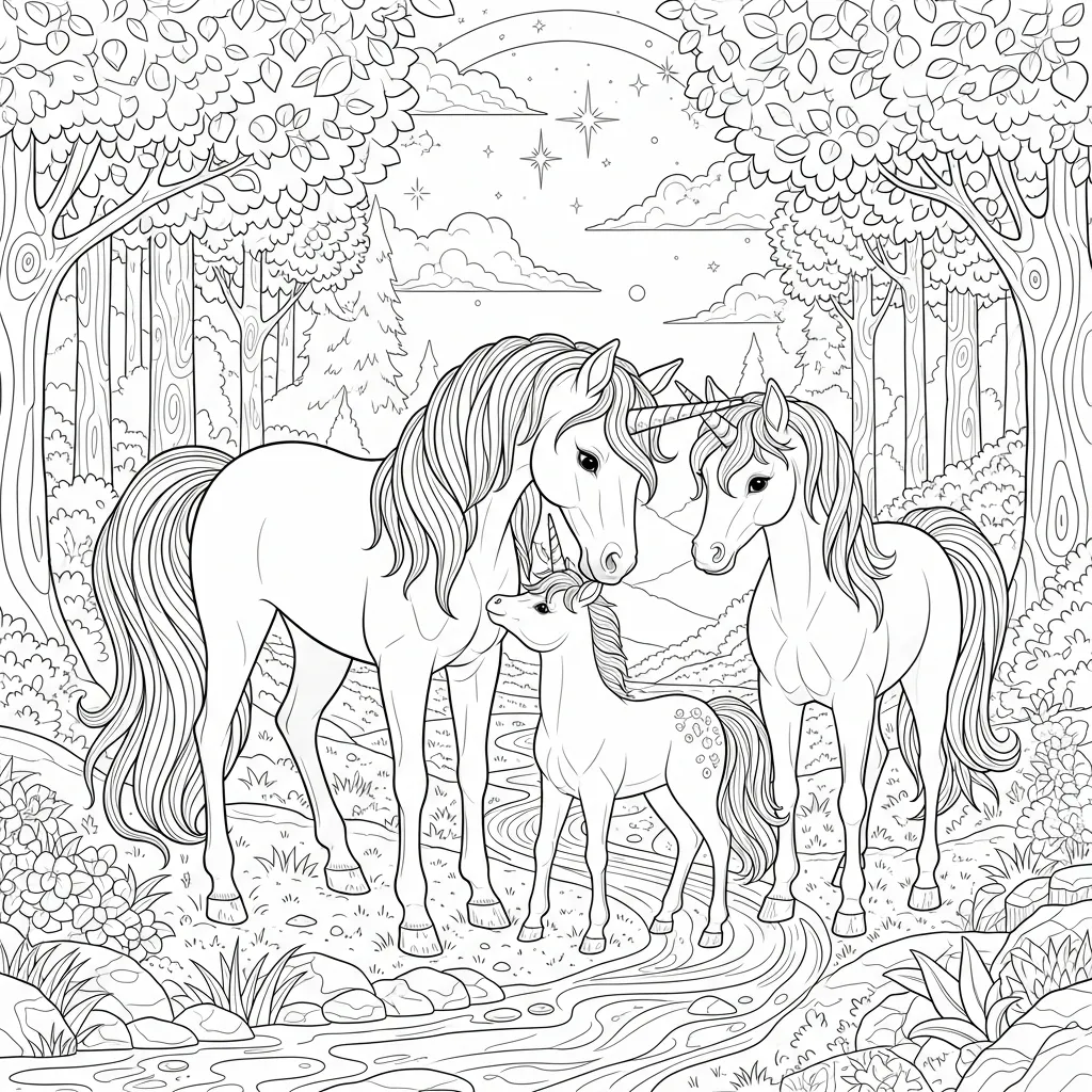 a coloring page with a unicorn family