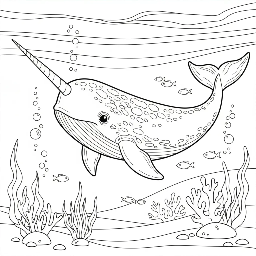 a coloring page with narwhal