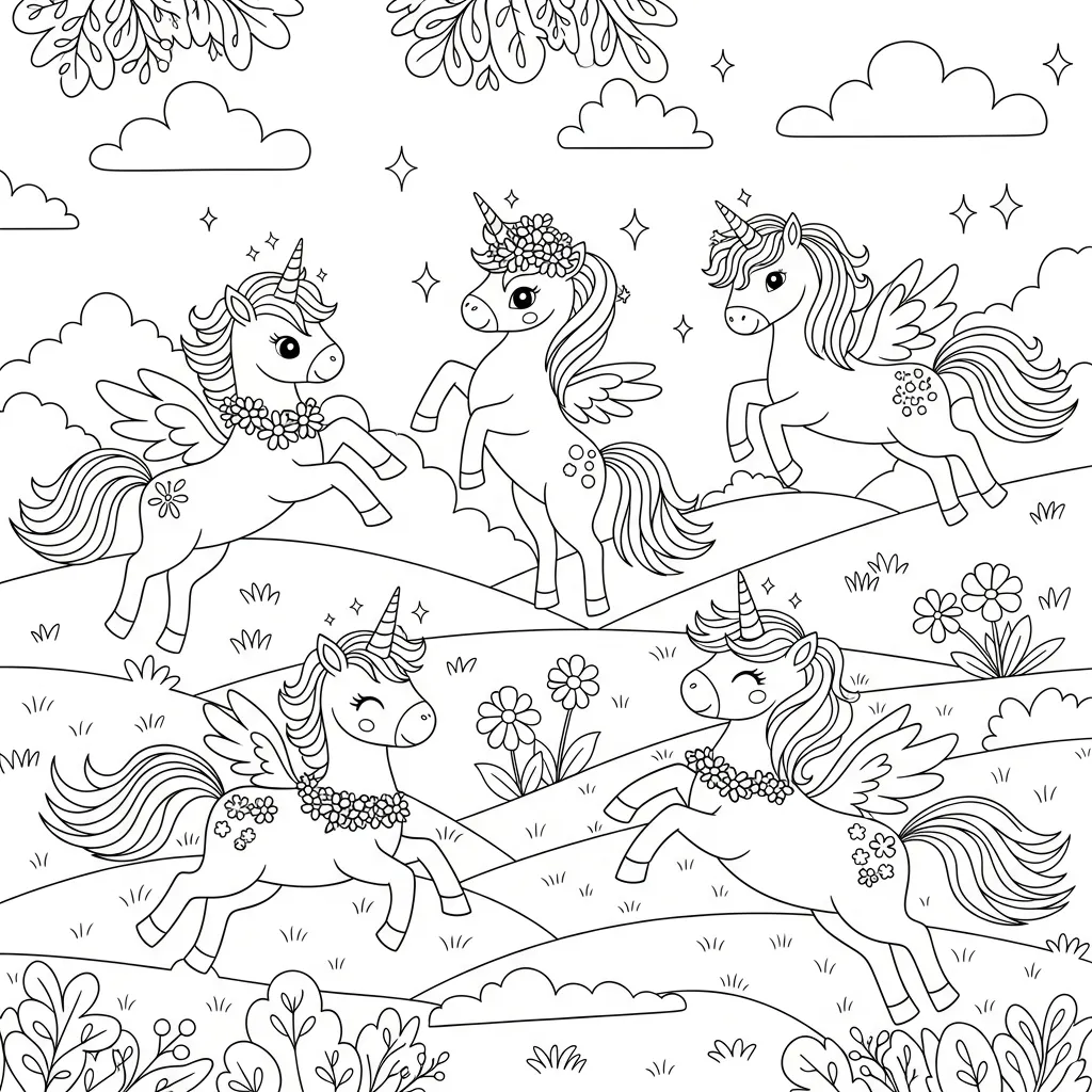a coloring page with unicorn pegases playing in a field