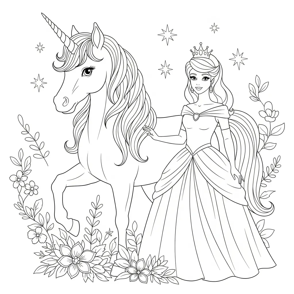 a coloring page with a unicorn and princess