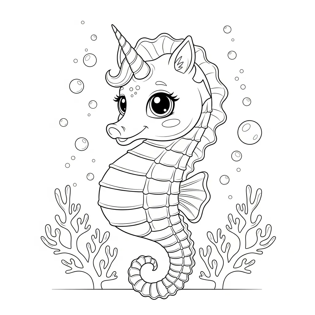 a coloring page with a seahorse that has a unicorn horn