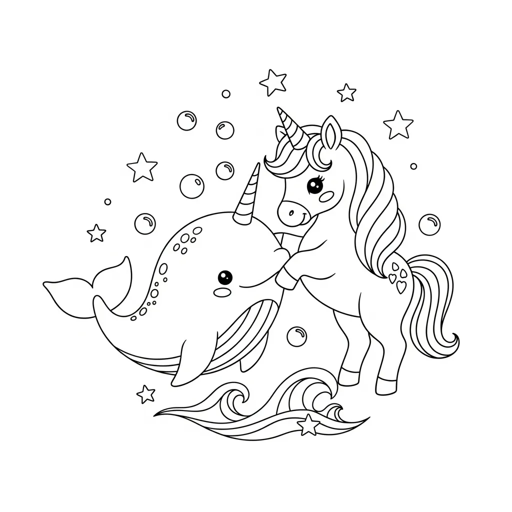 a coloring page with a unicorn and narwhal