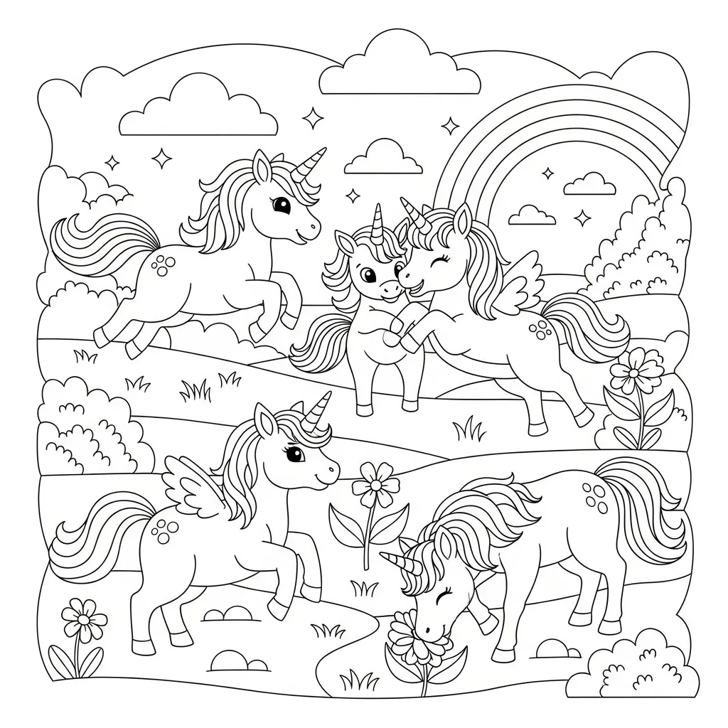 a coloring page with unicorn and pegasus friends