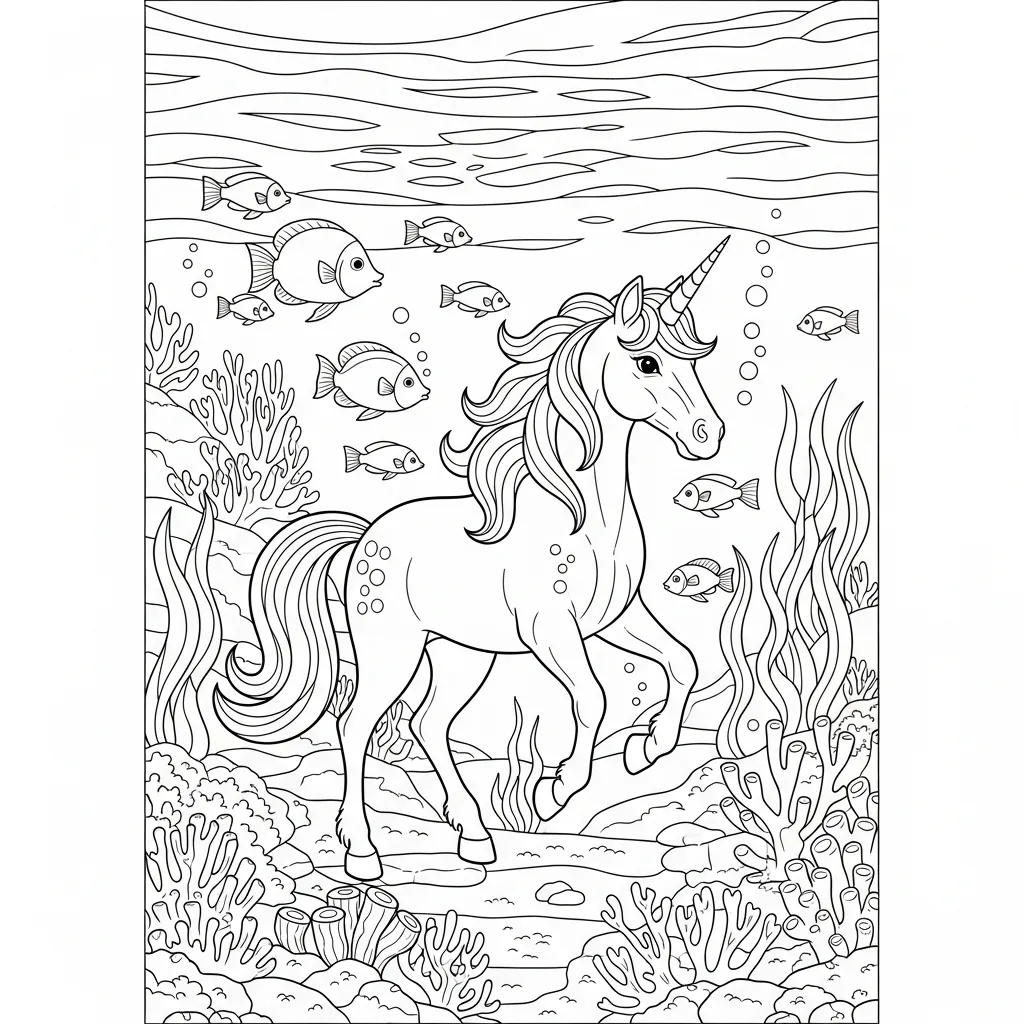 coloring page of a unicorn in an aquatic landscape