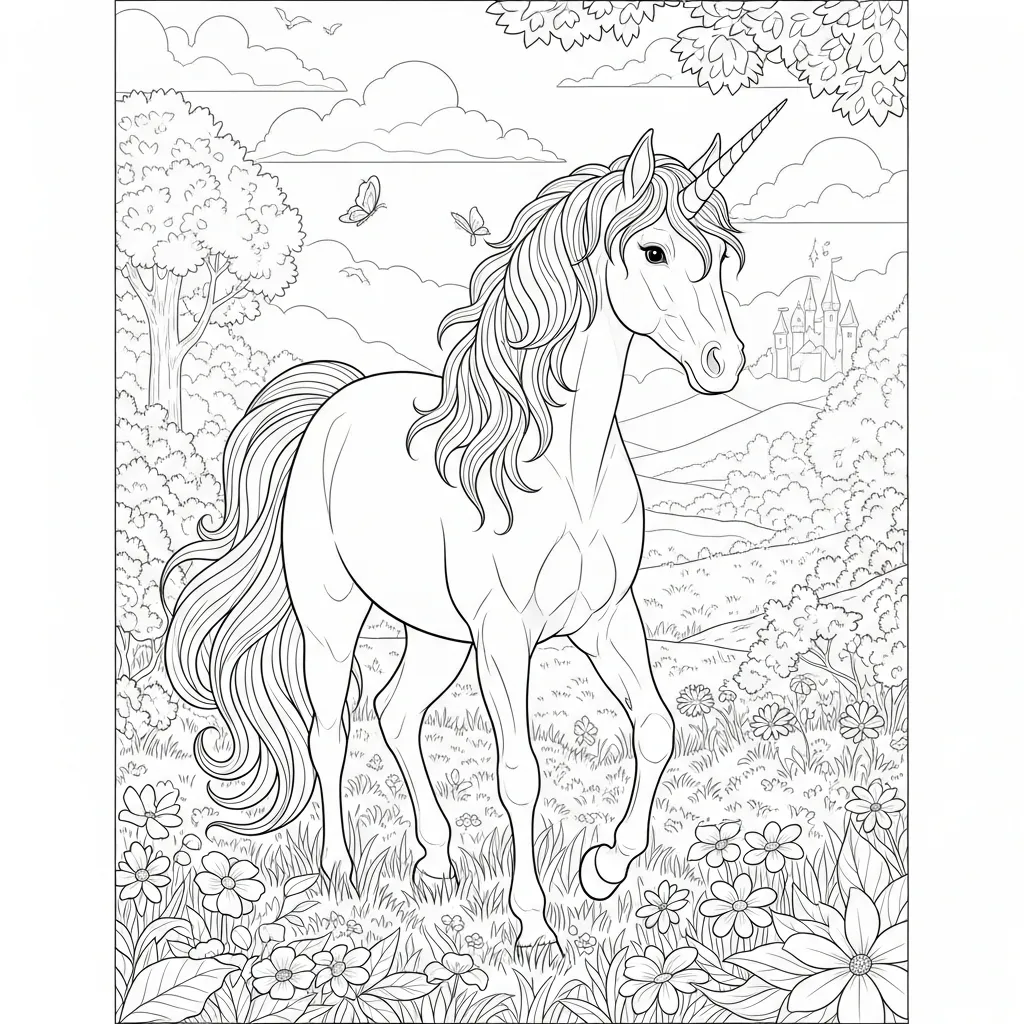 coloring page of a unicorn in an forest meadow landscape