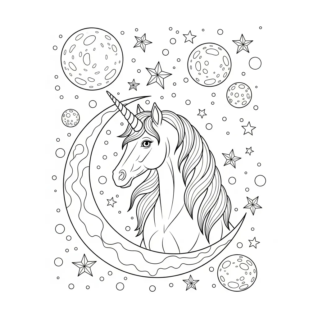 coloring page of a unicorn in an celestial landscape