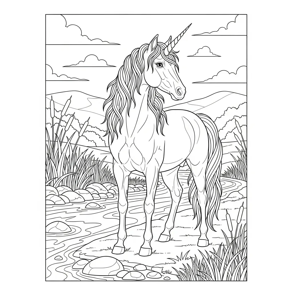 coloring page of a unicorn in an river landscape