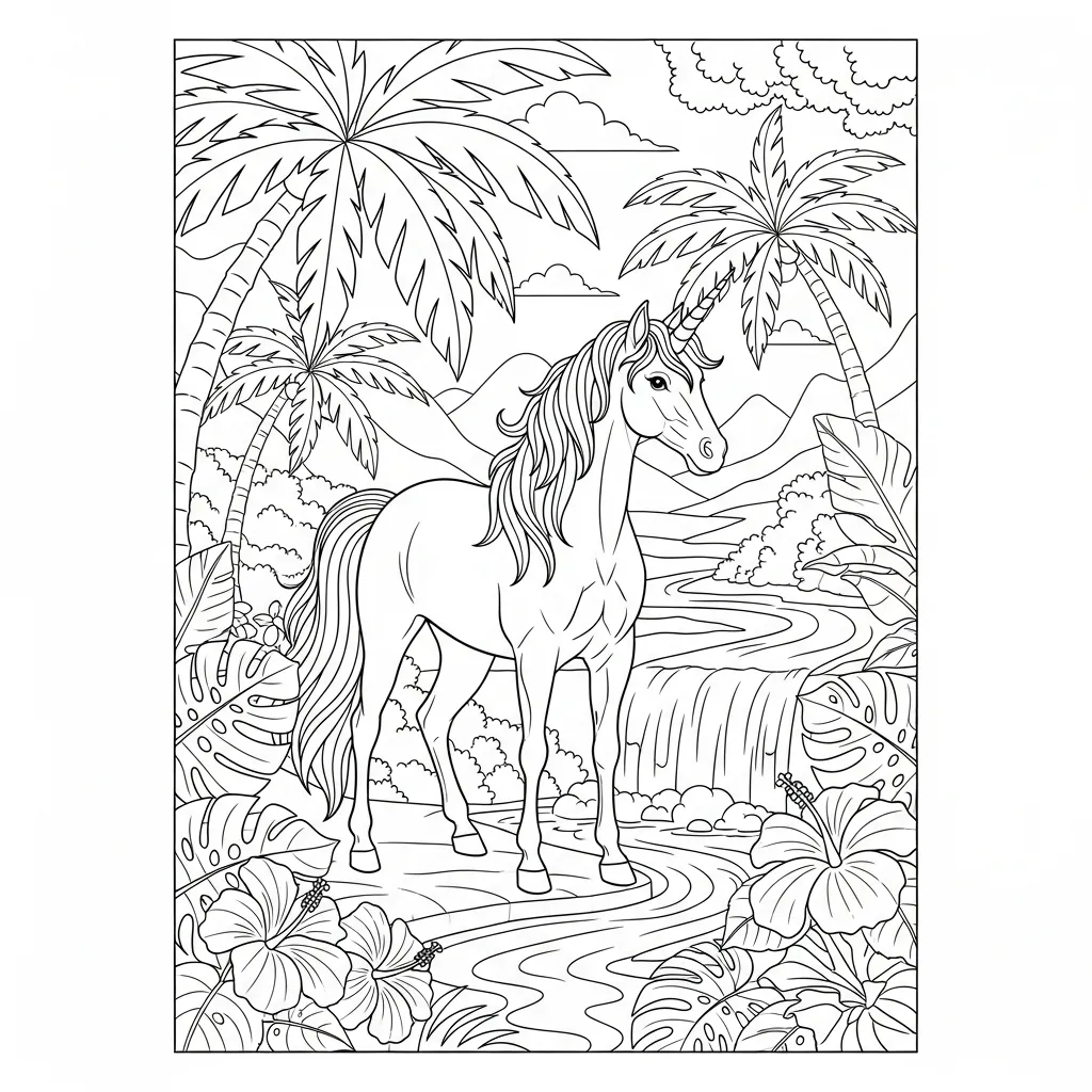 coloring page of a unicorn in an tropical landscape