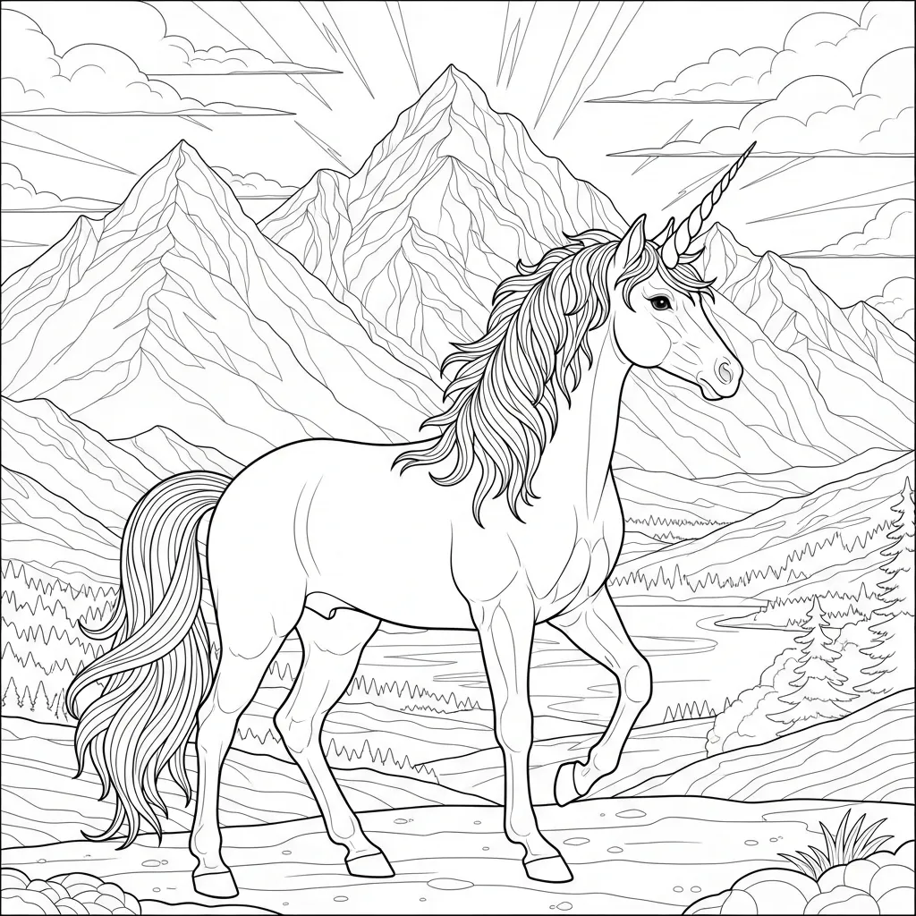 coloring page of a unicorn in an mountainous landscape