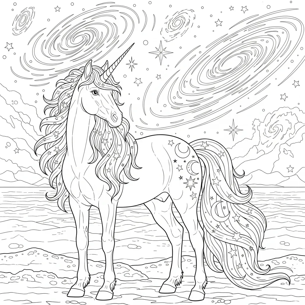 coloring page of a unicorn in an galactic landscape
