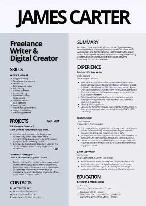 Modern resume template from Quillbot's creation ecosystem