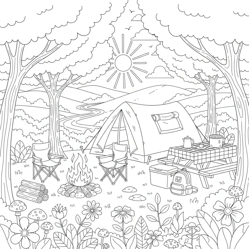 summer coloring page of a camping scene