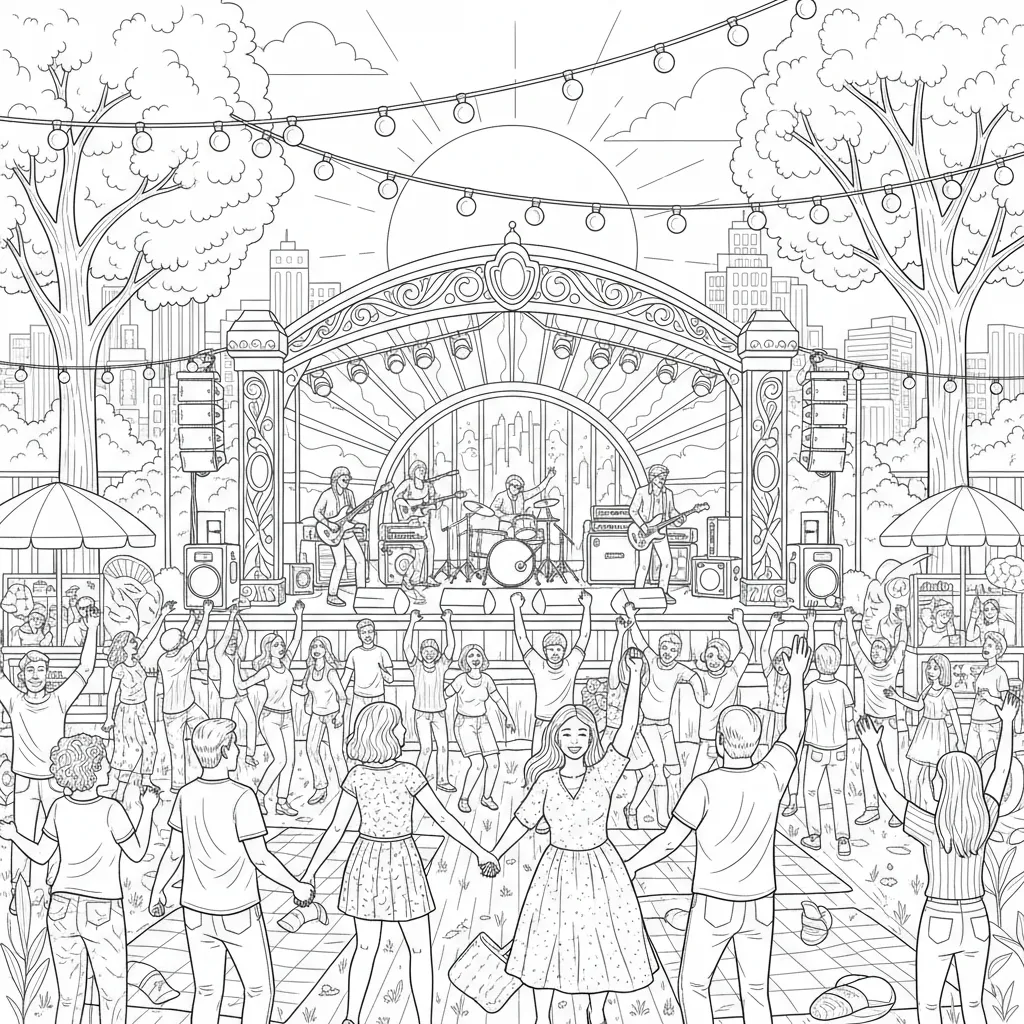 summer coloring page of an outdoor concert
