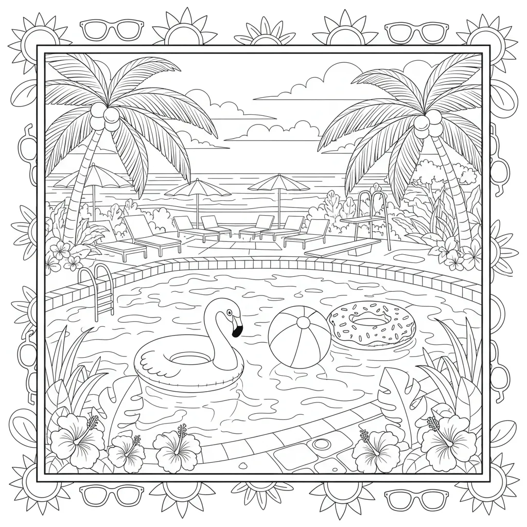 summer coloring page of a swimming pool scene
