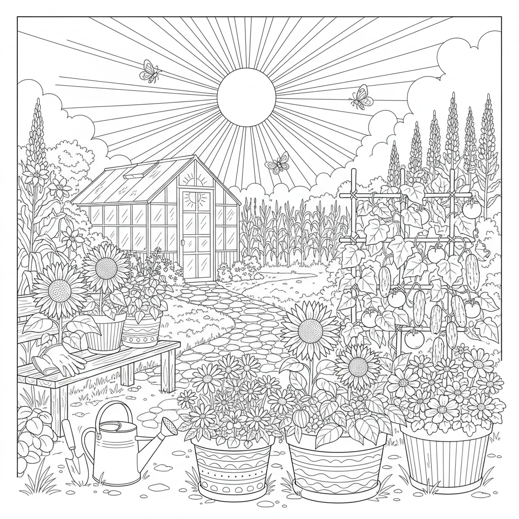summer coloring page of a garden