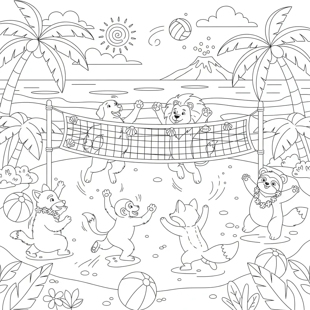 summer coloring page of a animals playing beach volleyball