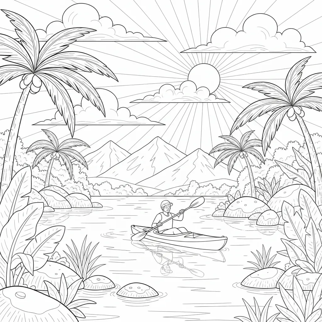 summer coloring page of a person kayaking in a serene landscape