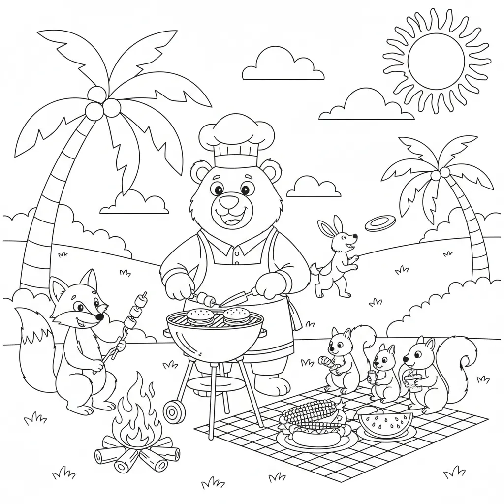 summer coloring page of a woodland creatures enjoying a barbecue