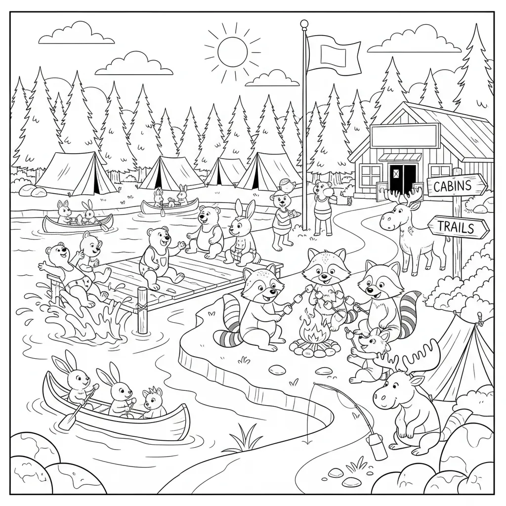 summer coloring page of woodland creatures at summer camp
