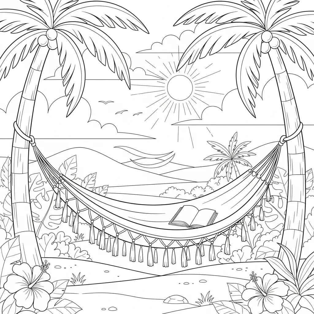 summer coloring page of a a hammock with a book on it set in a lush landscape
