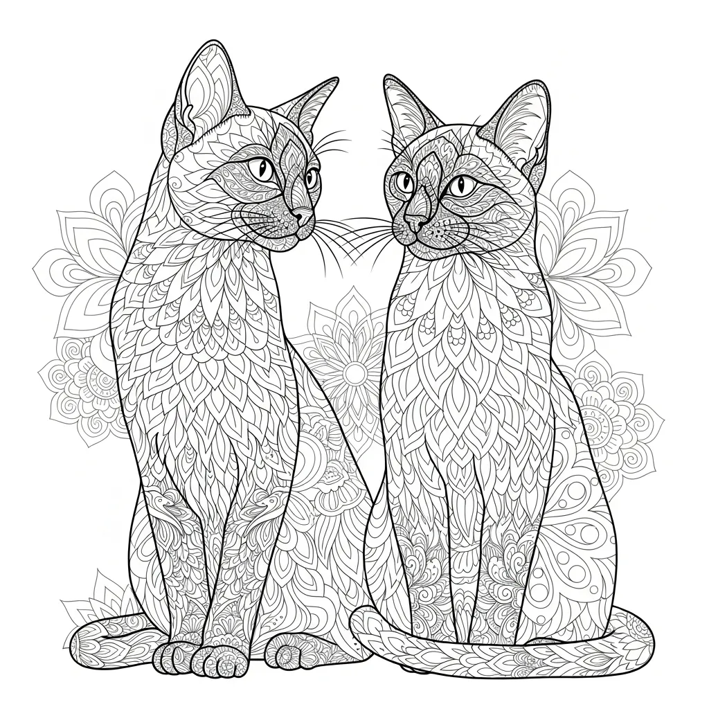adult coloring page of two siamese cats with intricate patterns